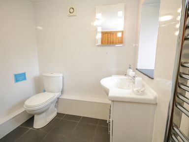 A bathroom with a toilet sink mirror and heated towel rail at Pendre Uchaf in Melin-y-Wig near Ruthin
