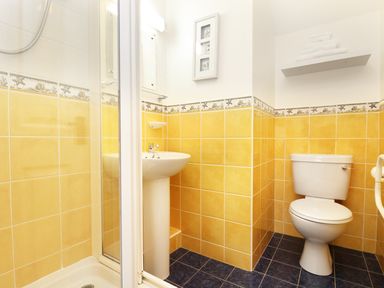 A bathroom with a shower, pedestal sink, toilet, and a shelf with towels at The Shippon Near Launceston