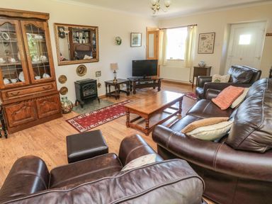 A living room with brown leather sofas a wooden coffee table a cabinet with china a television and a small stove at Drovers Rest in Otterburn