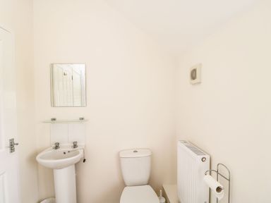 A bathroom with a sink mirror toilet radiator and toilet paper holder at Stables Cottage in Bowerhill near Melksham