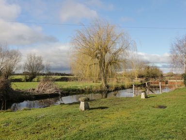 A grassy riverside area with a willow tree and wooden fence along the water at Stables Cottage in Bowerhill near Melksham