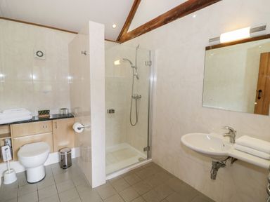 A bathroom with a toilet, a glass-enclosed shower, and a sink with a mirror at Beesoni Lodge in Castlemorton near Malvern