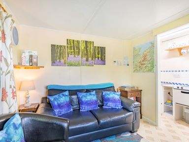 A living room with a black leather sofa with blue pillows a lamp and wall art at Bluebell Cottage in Maenan near Llanrwst