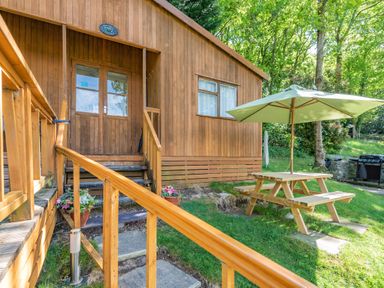 An outdoor area with a wooden cottage entrance a picnic table with an umbrella and a barbecue grill at Bluebell Cottage Maenan near Llanrwst