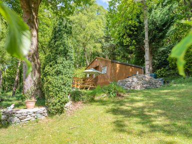 A wooden cabin with a deck and umbrella surrounded by trees and grass at Bluebell Cottage in Maenan near Llanrwst