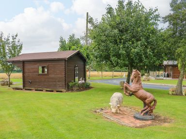 A garden with a wooden shed statues of a horse and sheep and trees at Cornfield in Northallerton