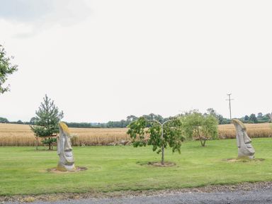 A grassy field with two large stone face sculptures and several small trees at Cornfield in Northallerton