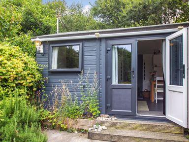 The exterior of a small building with a grey door and window surrounded by plants and greenery at The Shepherd's Hut in Aberdovey
