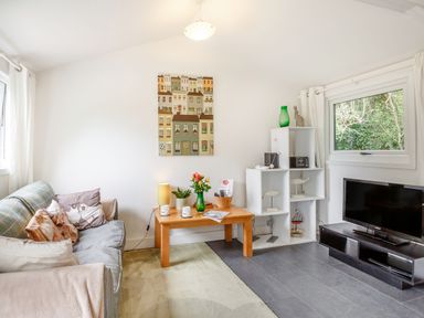 A living room with a sofa pillows coffee table and a television at The Shepherd's Hut in Aberdovey