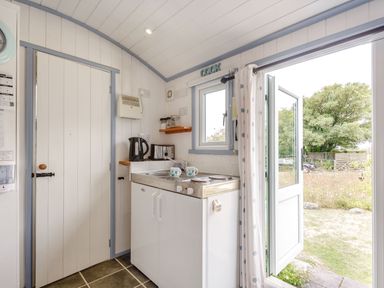 A small kitchen area with a sink stove kettle and toaster next to a door leading outside at The Shepherd's Hut in Aberdovey