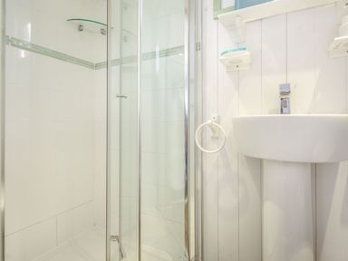 A bathroom with a glass door shower enclosure and a pedestal sink at The Shepherd's Hut in Aberdovey
