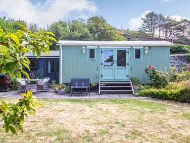 A garden with patio furniture and a green painted hut with steps and double doors at The Shepherd's Hut in Aberdovey