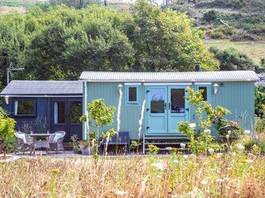 A small outdoor seating area with chairs and a table in front of two small buildings surrounded by trees and plants at The Shepherd's Hut in Aberdovey