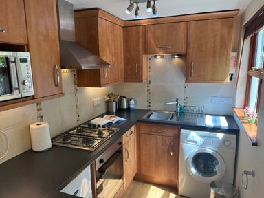 A kitchen with wooden cabinets a gas stove microwave sink washing machine and window with flowers at Palmers Lodge in Egloskerry near Launceston