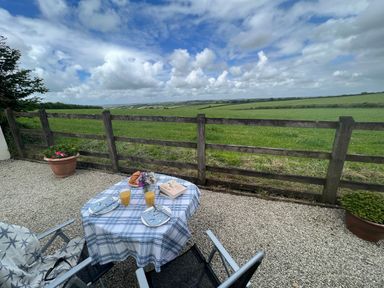 A small outdoor table with two glasses of orange juice and pastries next to chairs on a gravel patio overlooking a green field at Palmers Lodge in Egloskerry near Launceston