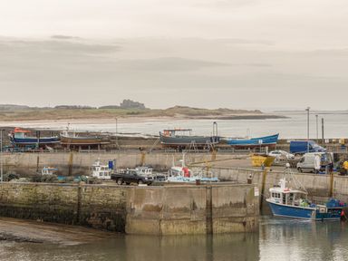 A harbor with boats docked and vehicles on the pier at Crumstone Corner in Seahouses