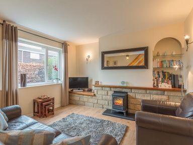 A living room with leather sofas a television bookshelf and a stove at Crumstone Corner in Seahouses