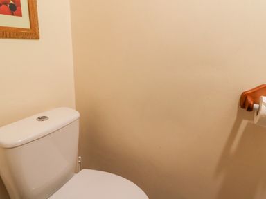A toilet with a wooden toilet paper holder and framed picture on wall at The Farmhouse in Aberaeron