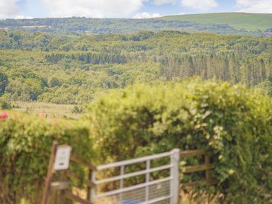 A metal gate with a sign in front of dense green hedges and a forested hillside in the background at The Dairy in Penuel near Llanmorlais