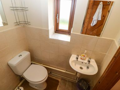 A bathroom with a toilet and sink at The Dairy in Penuel near Llanmorlais