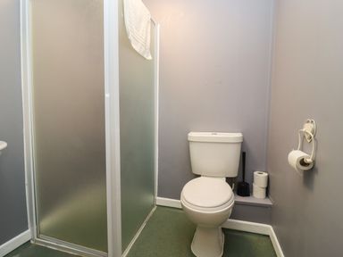 A bathroom with a toilet and a shower with frosted glass at Greyhound Barn Barnsley near Cirencester