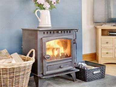 A black wood-burning stove with fire inside next to a wicker basket of firewood and a TV on a wooden stand at Pen Y Gaer in Llannefydd near Abergele and Denbigh