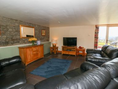 A living room with black leather sofas a wooden cabinet a television and a blue rug at Mill Cottage in Aberaeron