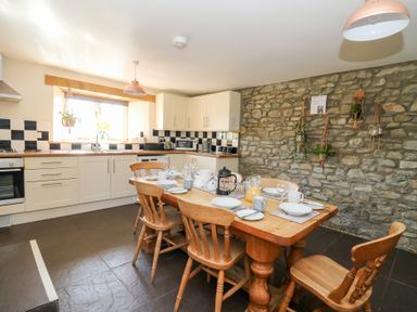 A kitchen with a wooden dining table set for six and hanging plants on a stone wall at Mill Cottage in Aberaeron