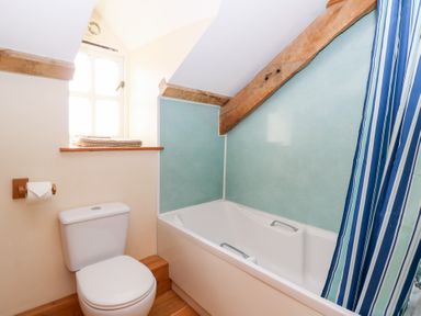 A bathroom with a toilet a window a bathtub and a striped shower curtain at Mill Cottage in Aberaeron