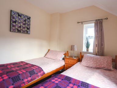 A bedroom with two single beds with pink bedding and purple blankets and a nightstand with a lamp between the beds at Glan Y Don Bach in Abersoch