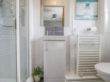 A bathroom with a shower, sink cabinet, mirror, towel rack, toilet, and a plant next to the sink at Beach Cottage in Conwy