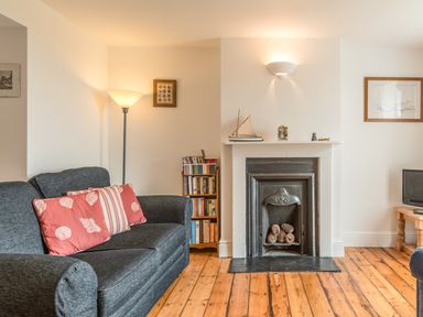 A living room with a dark grey sofa with red and striped cushions a floor lamp a fireplace with decorative pinecones a small bookshelf and a television on a wooden table at Coastguard Cottage in Low Newton-by-the-Sea near Beadnell