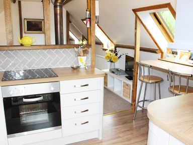 A kitchen area with an oven and countertop and a small dining bar with two chairs and a sitting area with a television and flowers at The Hayloft in Necton near Swaffham