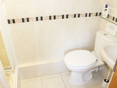 A bathroom with a toilet, a sink, a shower, tiled walls with a decorative border and a shelf with soap at The Hayloft in Necton near Swaffham
