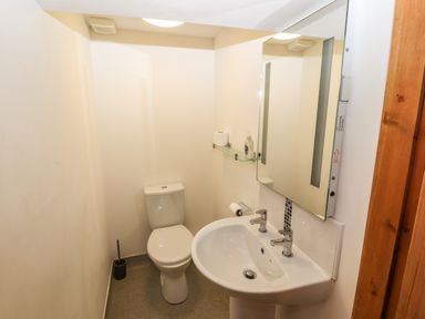 A small bathroom with a toilet sink mirror and glass shelf with soap at Maestyddyn Farm House Clawddnewydd near Ruthin