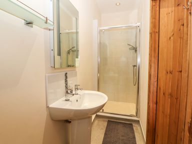 A bathroom with a sink a mirror a glass shelf a shower enclosure and a wooden door at Maestyddyn Farm House in Clawddnewydd near Ruthin