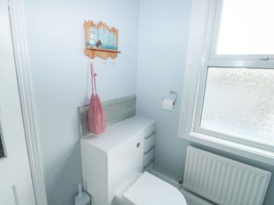 A bathroom corner with a white toilet, toilet paper holder, radiator, frosted window, and a wall hook with a red striped bag at Dunholme House in Teignmouth
