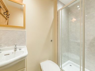 A bathroom with a sink a mirror a toilet and a shower at Brians Cottage in Alnmouth