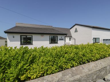A white house with two windows surrounded by green bushes and a stone wall at Minerva in Trearddur Bay