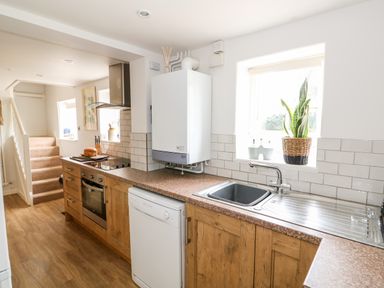 A kitchen with wooden cabinets a dishwasher and a window with a plant at Manor Farm Cottage in Swaffham