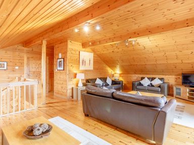 A living room with wooden walls and ceiling leather sofas and a television at Jamaal Lodge in South Broomhill near Amble