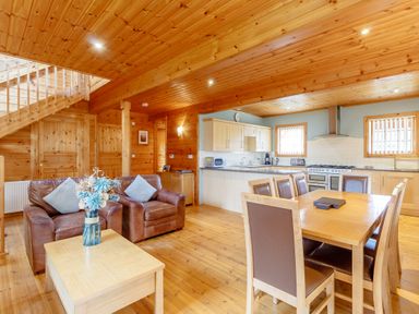 An open plan living room kitchen and dining area with brown leather sofas wooden dining table and chairs and wooden kitchen cabinets at Jamaal Lodge South Broomhill near Amble