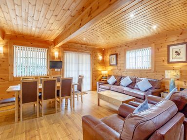 A wooden interior living room with leather sofas a dining table and chairs and framed pictures on the walls at Jamaal Lodge South Broomhill near Amble