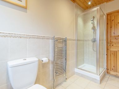 A bathroom with a toilet a towel radiator a shower enclosure and a wooden door at Jamaal Lodge South Broomhill near Amble
