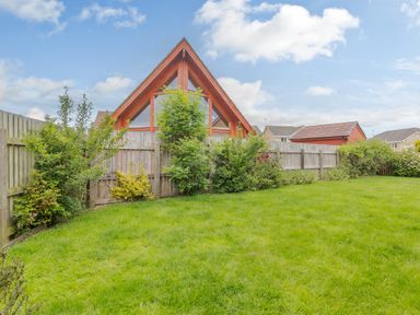 A backyard with green grass shrubs and a wooden fence at Jamaal Lodge in South Broomhill near Amble