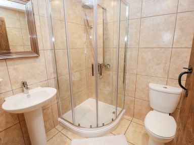 A bathroom with a shower enclosure sink toilet and a mirror at Potters Barn Begelly near Kilgetty
