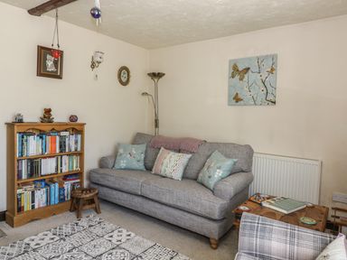A living room with a gray sofa and bookshelf at Megs Cottage in Norwich
