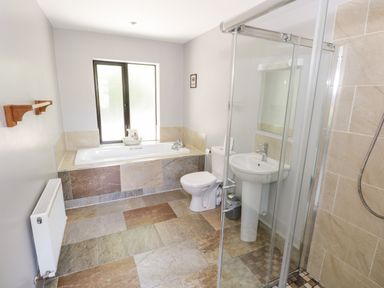A bathroom with a bathtub under a window a toilet a pedestal sink and a glass shower enclosure at The Visiting House in Gorteen near Dunmore County Galway