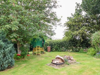 A garden with a tree swing green caravan and wooden logs on grass at The Cottage Kilham near Driffield
