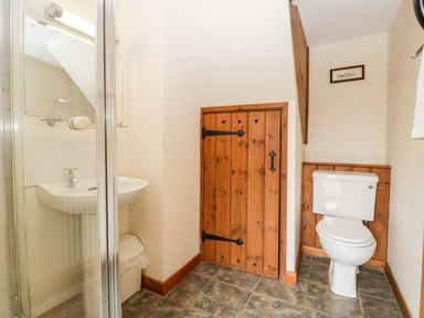 A bathroom with a toilet a sink a shower enclosure and a wooden door under stairs at Stable End in Luntley near Pembridge